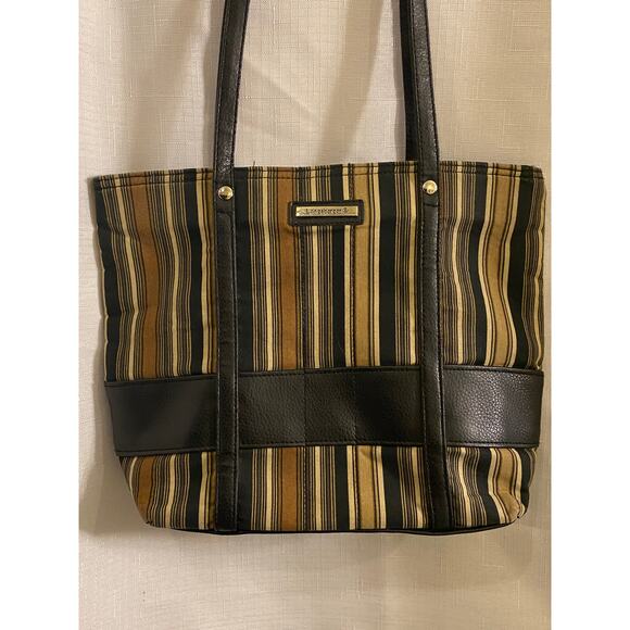 Longaberger Canvas Leather Small Tote / Purse 9 X 11 in. Brown Tan Black Stripes - Picture 2 of 13